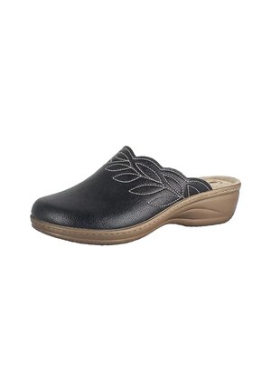 Zoccolo in pelle nera con cuciture a motivo foglia, base sagomata e un leggero tacco per un maggiore comfort. Texture liscia e design ergonomico.