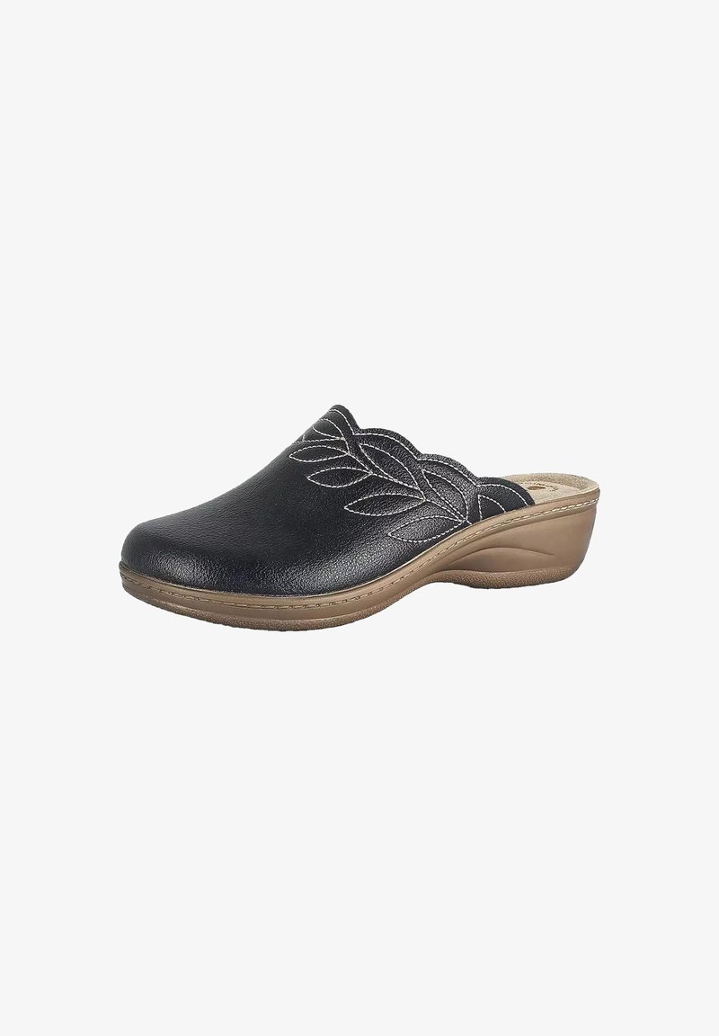 Zoccolo in pelle nera con cuciture a motivo foglia, base sagomata e un leggero tacco per un maggiore comfort. Texture liscia e design ergonomico.