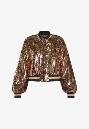 Bronze sequined bomber jacket with long sleeves, ribbed hem, and cuffs. Features a rounded collar and front button closure.