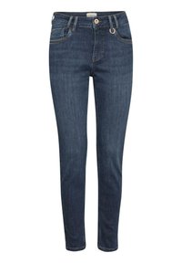 Lieknos džinsai, pagaminti iš tamsiai mėlynos džinsinės medžiagos, su mygtukų uždarymu, penkiomis kišenėmis ir kontrastingomis siūlėmis.