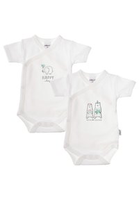 Two white baby bodysuits with wrap designs. One features an elephant and the text "HAPPY day," the other shows two cartoon bears with "BETTER TOGETHER."