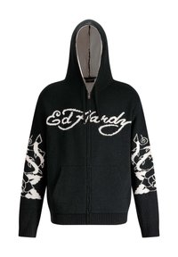 Hoodie zippé noir avec un logo blanc "Ed Hardy" et des motifs blancs détaillés sur les manches. Tissu doux avec une texture et une capuche.