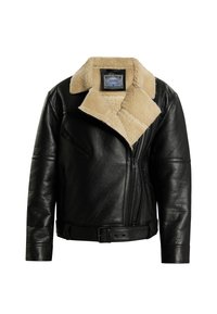 Giubbotto di pelle nera con colletto di shearling, chiusura a zip frontale e tasche laterali. Caratterizzato da una vita con cintura e una texture liscia.