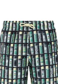 Costumi da bagno con uno sfondo nero e un vivace motivo a spray in verde e giallo. Vita con cordoncino e finitura testurizzata.