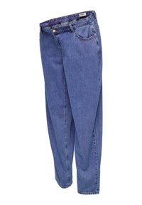 Τζιν παντελόνια με άνετη εφαρμογή, σε σκούρο μπλε χρώμα, με ελαστική μέση, κλασικό κούμπωμα με κουμπιά και μπροστινές τσέπες.