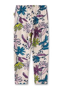 Eng anliegende Leggings aus weichem Stoff mit einem bunten floralen Muster in Türkis, Pink, Lila und Grün auf einem cremefarbenen Hintergrund. Elastischer Bund.