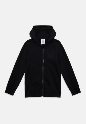 Felpa nera con zip integrale, maniche lunghe, tasche frontali e cappuccio, mostrata su sfondo bianco.