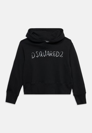 Sweatshirt noir à capuche avec manches longues affichant "DSQUARED2" en lettres blanches style craie sur la poitrine.