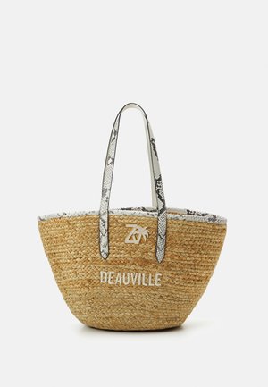 Sac cabas en paille avec "DEAUVILLE" brodé, anses et bordure effet serpent, et un petit logo doré "ZV" sur le devant.