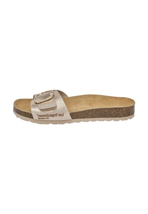 Sandalia de dedo con un upper de color dorado metálico, planta de corcho y tira texturizada con una hebilla decorativa. Diseño ligero con una suela flexible.
