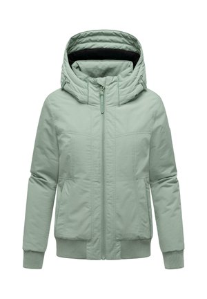 Veste isolée vert clair avec fermeture éclair à l'avant, grande capuche, poignets côtelés et deux poches latérales. Texture lisse et design minimal.