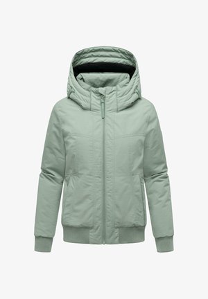 Svetlozelená, zateplená bunda s predným zipsom, veľkou kapucňou, rebrovanými manžetami a dvoma bočnými vreckami. Hladký povrch a minimalistický dizajn.