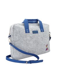 Hellgraue Filztasche mit blauen Griffen und verstellbarem Schultergurt, mit einem kleinen bunten Katzenpatch auf der Vorderseite.