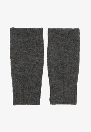 Szare wełniane rękawiczki bez palców z prążkowanym mankietem, o miękkim, teksturowanym splocie. Projekt umożliwia ruch dłoni, jednocześnie utrzymując nadgarstki w cieple.