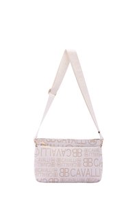 Borsa a mano in tessuto bianco con design del logo a motivo beige. Caratterizzata da una lunga tracolla regolabile e accessori in metallo dorato. Forma rettangolare.
