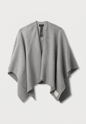 Svetlošedý pončo s otvoreným predným dielom, jemným károvaným vzorom a záhybom s asymetrickým lemom.