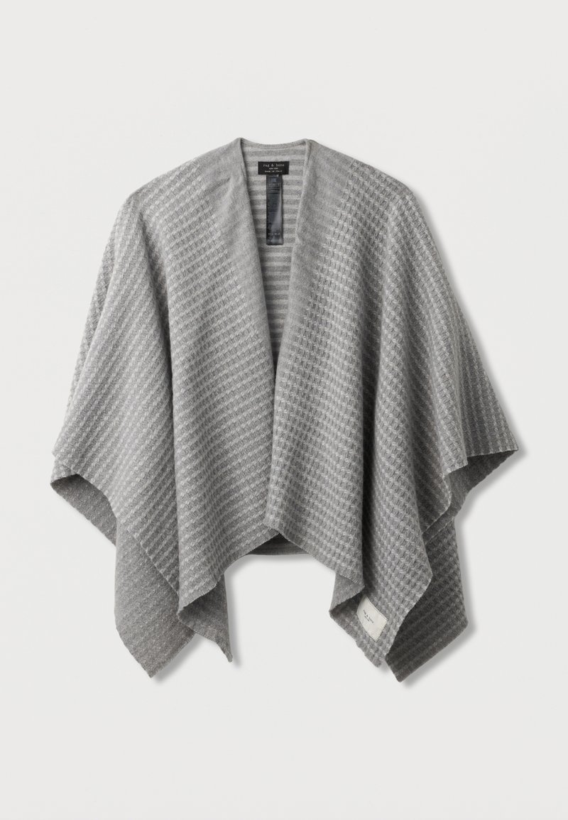 Poncho gris clair ouvert sur le devant avec un motif à carreaux discret et un ourlet drapé asymétrique.