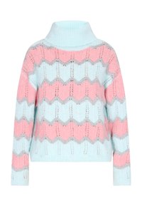 Lichtblauwe en roze gebreide trui met een hoge hals, zigzagpatronen en textiel met zilveren accenten. Lange mouwen.