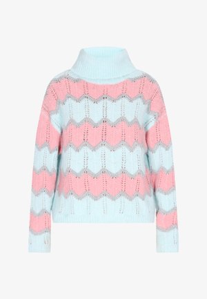 Gaiši zils un rozā adīts džemperis ar augstu kaklu, zigzag rakstiem un teksturētu audumu ar sudraba akcentiem. Garas piedurknes.