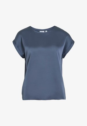 Short-sleeve top in dark blue satin-like fabric, featuring a round neck and rolled cuffs, smooth texture, and a relaxed fit.