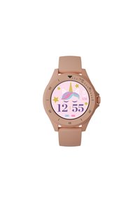 Smartwatch in silicone rosa con quadrante rotondo, che mostra un disegno di unicorno, stelle e l'ora 12:55 in numeri viola.