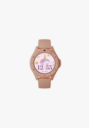 Montre connectée en silicone rose avec un cadran arrondi, affichant un motif de licorne, des étoiles, et l'heure 12:55 en chiffres violets.