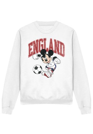 White sweatshirt with red "ENGLAND" text above Mickey Mouse kicking a black and white soccer ball wearing sportswear.