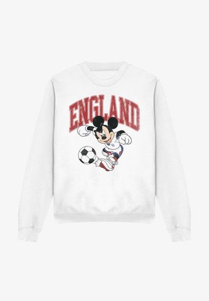 White sweatshirt with red "ENGLAND" text above Mickey Mouse kicking a black and white soccer ball wearing sportswear.