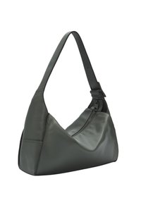 Borsa a spalla in pelle verde scuro con un design curvo, superficie texturizzata, tracolla regolabile e dettaglio con zip su un lato.