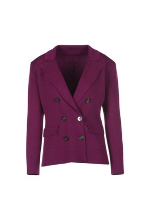 Chaqueta de doble botonadura en mezcla de lana de color púrpura oscuro, con cuello muesca, dos bolsillos delanteros y botones negros para el cierre.