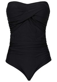 Maillot de bain noir sans bretelles avec un tissu froncé et un design à l'avant torsadé. Texture lisse et taille haute avec un léger ruching.