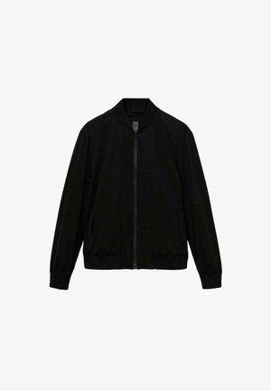 Černá bomber bunda se zipem vpředu, kulatým výstřihem, elastickými manžetami a lemováním. Vyrobena z hladké, lehké tkaniny. Jednoduchý design, bez dalších akcentů.