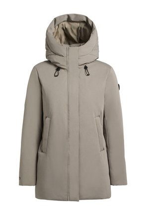 Beige vanntett parka med stor hette, frontlukking med glidelås, to sidelommer og justerbare detaljeringer for en sikker passform.