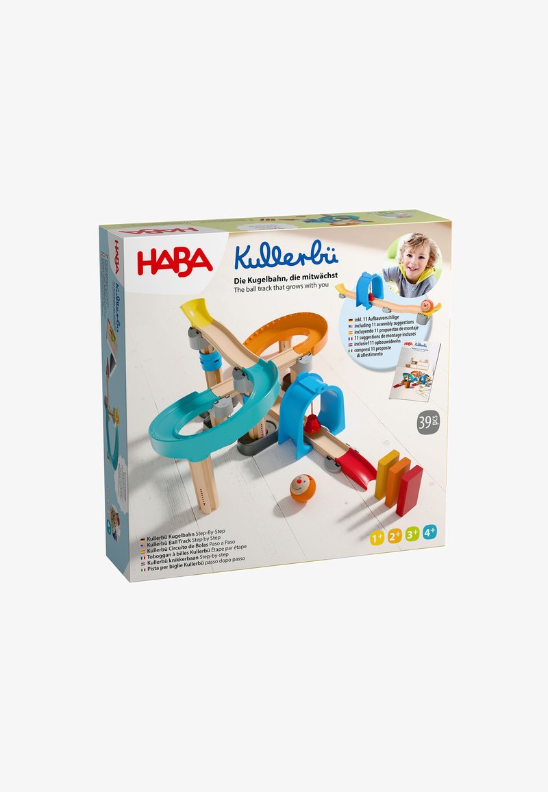 Children’s wooden ball track toy with colorful looping tracks, bell tunnel, wooden blocks, and smiling ball, suitable for ages 1 to 4+.