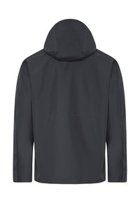 Veste à capuche gris foncé vue de dos avec manches longues et tissu lisse imperméable.