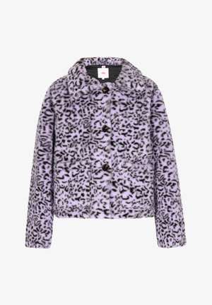 Lažne krzno jakna v sivki z vzorcem leopardje, z ovratnikom, gumbnim zapiranjem in dvema sprednjima žepoma.