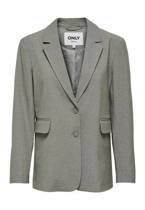 Šedý blazer s hladkým, strukturovaným povrchem. Výstřih s klopami, zapínání na dva knoflíky a klopové kapsy. Podšívka pro zvýšení komfortu.