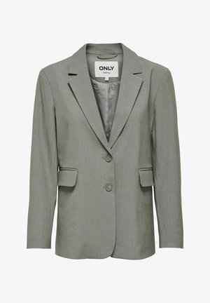 Gray blazer with a smooth, textured finish. Notched lapels, two-button closure, and flap pockets. Lined interior for added comfort.