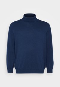 Mörkblå turtlenecktröja i mjukt, stickat tyg. Har långa ärmar och en figurnära krage, med en slät yta och utan synliga mönster.