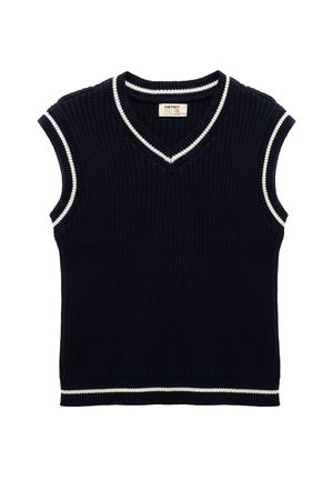 Jersey sin mangas de color azul marino con textura acanalada, escote en forma de V y detalles de rayas blancas en el cuello y el dobladillo. Fabricado con material suave y transpirable.