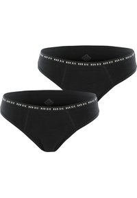Black cotton bikini underwear featuring a soft waistband with a white logo, designed with a smooth finish and seamless edges. Two pieces included.