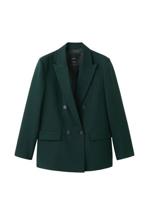 Blazer doppiopetto in tessuto verde scuro, con grandi revers a lancia, due tasche frontali e silhouette sagomata.