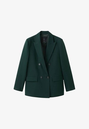 Zweireihiger Blazer aus dunkelgrünem Stoff mit großen, kassettierten Revers, zwei Fronttaschen und einer taillierten Silhouette.