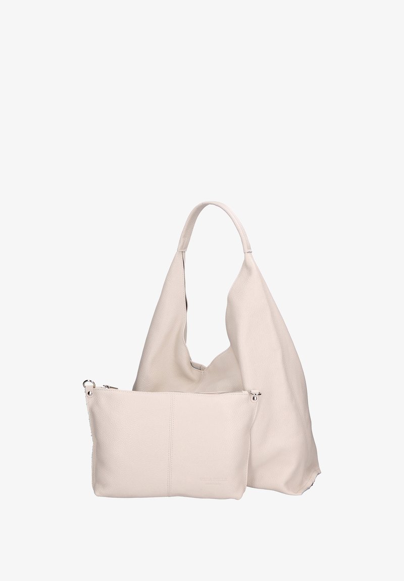 Borsa hobo in pelle beige con una sola tracolla larga e una pochette rimovibile con zip. Texture liscia, design minimalista e silhouette morbida.