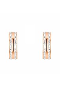 Örhängen i roséguld med hoop-design som har två parallella rader av klara kristaller längs de yttre kanterna. Slät yta med en polerad finish.