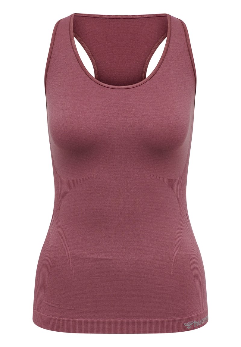 Maroon urheilu tank top, jossa on tiukka malli, urheilullinen selkätyyli ja teksturoitu kangas. Sisältää litteät saumat ja logon helman kohdalla.