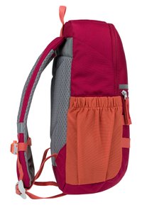Rucksack mit einem maronfarbenen Körper, grauen Einsatz, orangen Akzenten, einem Netzseitentasche, verstellbaren Trägern und einem oberen Tragegriff.