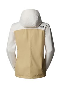 Lättviktsjacka med huva i vitt överdel och beige underdel. Tillverkad av ett mjukt tyg med en logotyp på baksidan. Har en enkel design.