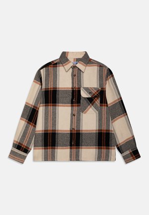 Button-up plaid shirt featuring black, beige, and orange colors, with long sleeves and a chest pocket on the left side. Made of textured fabric.