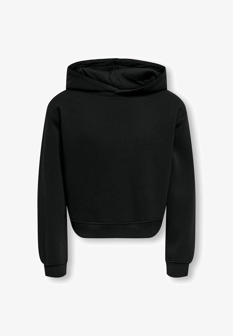Sweat à capuche noir à manches longues avec une taille et des poignets ajustés, présenté à plat montrant le dos avec un design uni sans logos ni motifs visibles.